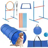 ITECHNIK Agility Set Hunde,Agility Set Ausrüstungs für Hunde, Agility Ausrüstung für Hundetraining Spiele mit Hundetunnel, Hürden, 8 Slalomstangen, Springring, 2 Tennis Ball Spielzeuge, Pause-Box