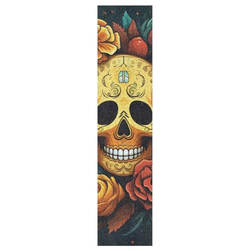 KAAVIYO Bunte Totenköpfe Goldene Rose Muster Skateboard Griptape Rutschfest Selbstklebend Longboard Griptapes Aufkleber Griffband(9x33in,44x10in 1pcs)