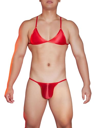 JEATHA Herren 2 Stück Crossdresser Nachtwäsche Sissy Dessous Bikini BH Bra mit Slip Briefs Unterhose Set Erotik Unterwäsche Männer Gay Lingerie Rot Einheitsgröße