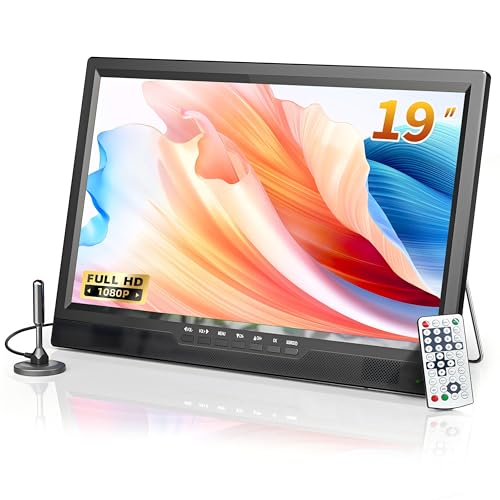 DESOBRY 19-Zoll Tragbarer Fernseher, Mini-Fernseher mit integriertem Akku, 1080P Kleiner Fernseher mit Antenne, digitaler DVB-T2-Tuner, HDMI AV USB, Portable Auto tv für Camping, Wohnmobil, küchen