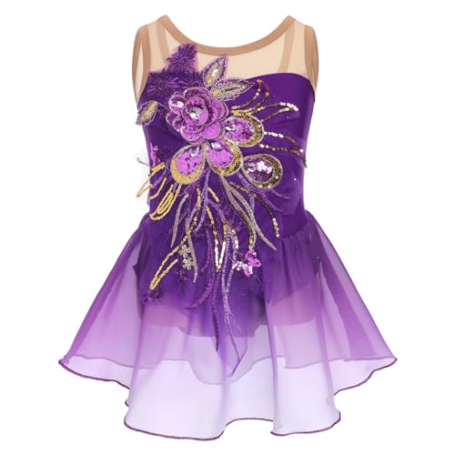 M?dchen Eiskunstlauf Kleid Pailletten Blumen Ballettkleid Chiffon Tanzkleid ?rmellos Turnanzug Gymnastikanzug Kinder Swing Skater Ballettkleidung Tanzkost?m Trikot Einteiler Body Lila 7-8 Jahre