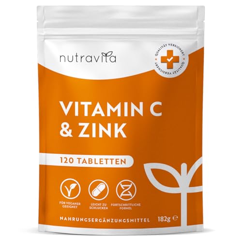 Vitamin C & Zink - 120 Tabletten - Hochdosiert mit 1000mg Vitamin C + 20mg Zink - Laborgeprüft, vegan & optimal bioverfügbar - ohne unnötige Zusatzstoffe - Unterstützung des Immunsystems - Nutravita