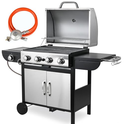 4+1 Brenner Gasgrill Master, 14.05KW Gasgriller Edelstahl mit Seitenkochfeld, BBQ Gas Grillwagen für Grillpartys im Gärten Terrasse, Standgrill mit Thermometer, Grillküche Große Grillfläche,Impulszünd