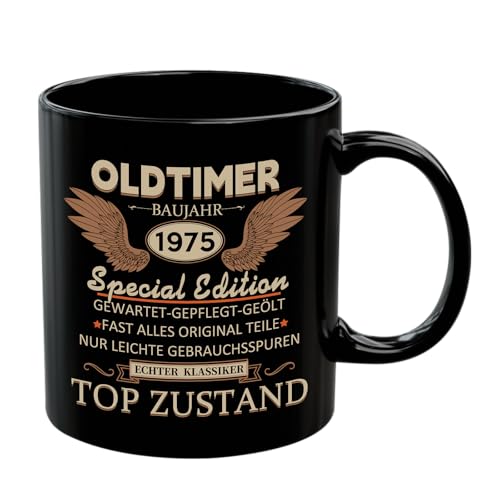 Tasse 50 Geburtstag Geschenk, 1975 Special Edition Kaffeetasse als Geburtstagsgeschenk, 50 Geburtstag Tasse Geschenkideen für Mann Papa Freund Kollege zum Geburtstag, Vatertag, Schwarz Keramik 350 ml