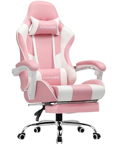 GTPLAYER Bürostuhl Gaming Stuhl Massage Gaming Sessel Ergonomischer Gamer Stuhl mit Fußstütze, Kopfstütze Massage-Lendenkissen, Gepolstert Gaming Chair, Drehsessel rosa