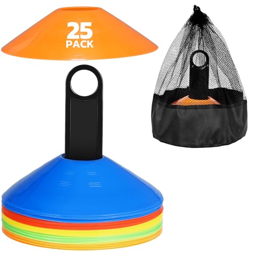 GHB Hütchen 25er Fussball Hütchen Fußball zubehör Slalom Hütchen Markierungshütchen für Fussball Training Agilität Geschenk Jungen Kinder Spieler mit Halter und Tragetasche