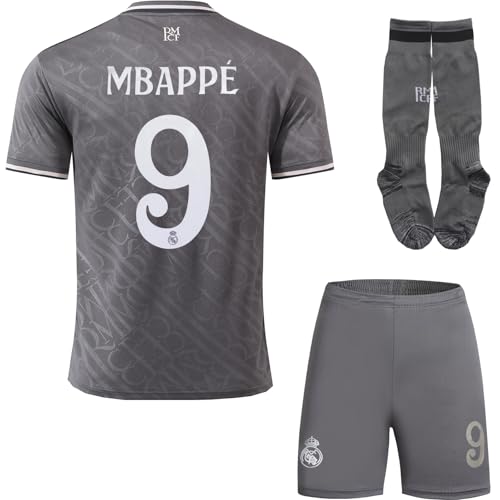 metekoc R. Madrid Mbappe #9 Third 2024/2025 Football Fußball Kinder Trikot Shorts/Socken Geschenk Set Jugendgrößen (Grau,24)