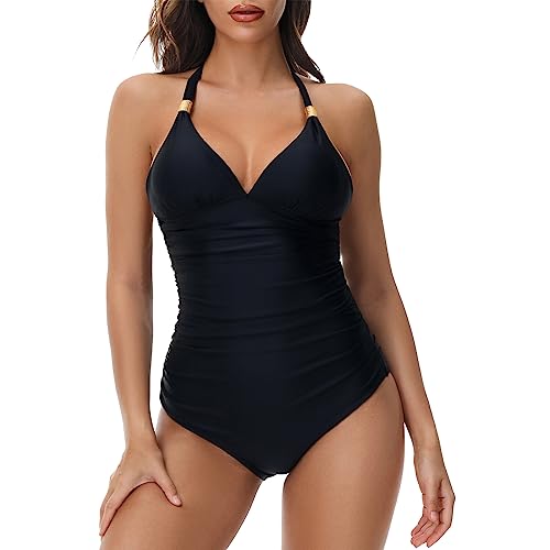 Durio Damen Badeanzug Triangel V Ausschnitt Tiefer Rückenausschnitt Figurformend Einteilige Bademode Swimsuit Sexy Schwarz XL