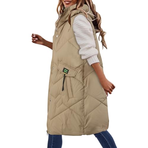 QWUVEDS Damen Herbst Winter Lässiger Kapuzenpullover mit Reißverschlusstaschen, Warmer, gepolsterter Mantel Kleid Mit Hose Drunter Steppmantel Damen Lang Winter (4-0115B-Khaki, M)