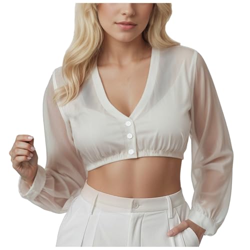 Generisch Dirndlbluse Damen Dirndl Bluse Damen Bierbekleidung Dirnd Langarm Traditionelle Dirndl Bluse Langärmelige Transparent V Ausschnitt Trachtenbluse für Oktoberfest BayrischeTracht (White, S)