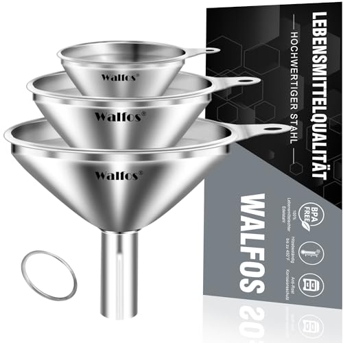 Walfos® Trichter Edelstahl, Trichter Klein 3 Stück, Mini Trichter Küche geeignet zum Umfüllen von Flüssigkeiten und, kleine Flaschen wie Öl, Salz, Zucker, Parfümflaschen, ätherische Öle