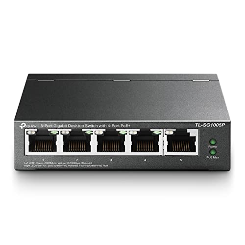 TP-Link TL-SG1005P PoE Switch 5-Port Gigabit Lan Switch mit 4 PoE+ Ports (65 Watt, IEEE-802.3af/at PoE,lüfterlos, Plug-and-Play, robustes Metallgehäuse) Schwarz