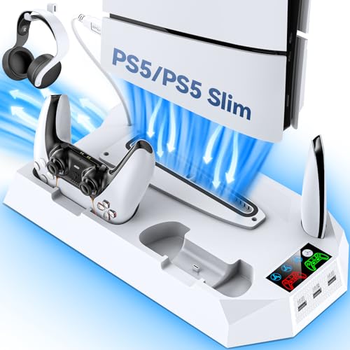 PS5/PS5 Slim Ständer mit 3 stufig PS5 Lüfter und extra 3 USB Anschlüsse, PS5 Slim/PS5 Standfuß mit PS5 Controller Ladestation & LED Anzeige, PS5 Halterung mit Headset Halter für PS5/PS5 Slim Zubehör