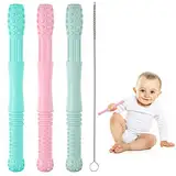 Beißröhrchen, Silikon Beissring Baby, BPA-frei, Zahnungshilfe, Greifling, Beißring, Unisex (3 Pack, mit 3 Reinigungsbürsten)