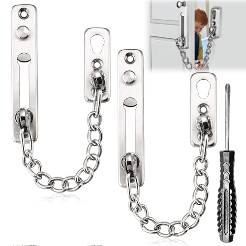 2 SATZ Türsicherheitskette Door Chain Lock, Edelstahl Türkette Sicherheitsschloss mit Schraubendreher, Sicherheitskette Türschloss für Haus, Hotel, Innentüren und Fenster Wohnsicherheit (Silber)