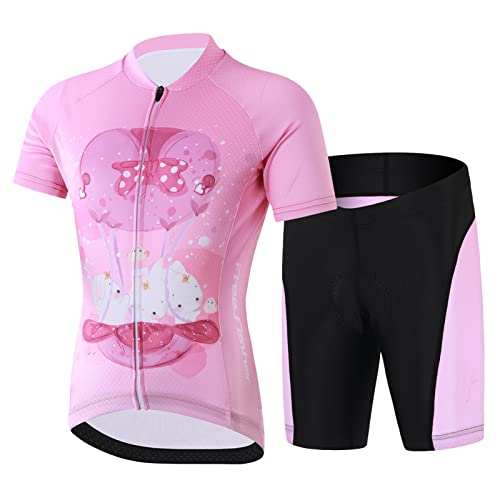 SXSHUN Kinder Jungen Radtrikot Mädchen Fahrrad Trikot Radhose mit Sitzpolster Kurzarm Radshirt Radsport Anzüge, Rosa(Kaninchen), 146