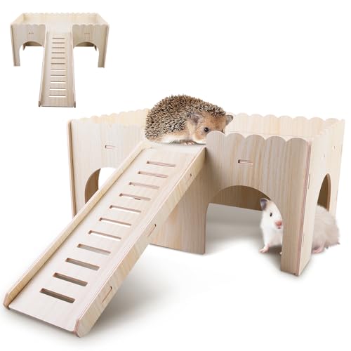 WIYETY Holz Meerschweinchen Bett, Groß Meerschweinchen Haus mit Rampe & Eingänge, Meerschweinchen Zubehoer, für Chinchilla, Hamster, Hase, Frettchen - 34 x 24 x 18 cm