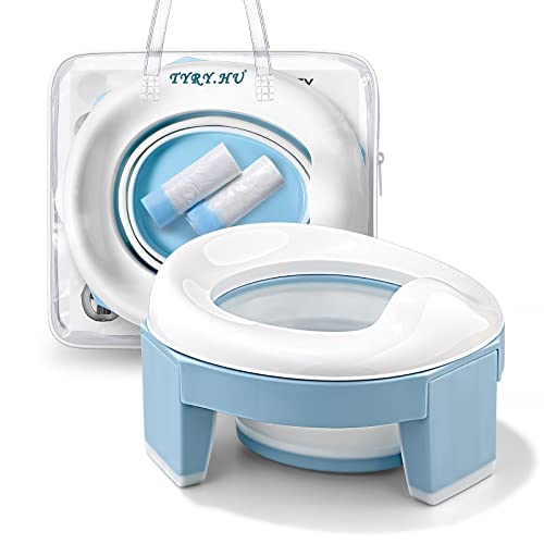 Toilettensitz Kinder,Töpfchen Training Sitze,Reisetöpfchen 3-IN-1 Unterwegs Potty Seat Baby Faltbare Tragbar Anti-Rutsch-Design mit Einweg Töpfchen Einlagen(Blau)