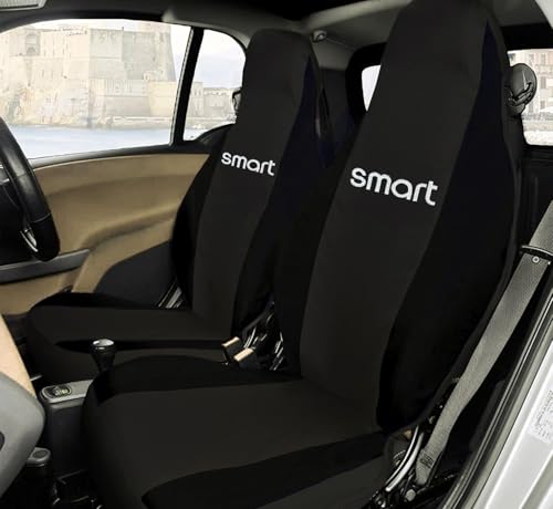 Rebeca Shop® Vordersitzbezüge kompatibel für Smart Fortwo 1., 2. und 3. Serie, W450, W451, W453, 2er-Set (Schwarz/Schwarz, mit Logo)