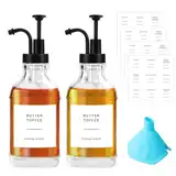 MININUSI 2 Stück Pumpspender Sirup, 500ML Kaffeesirup Pumpspender, mit 4 Aufklebern und Trichter Olivenöl Flasche, Essig und Ölflaschen Set, Kaffee Sirup Spender für Küche, Glas Kaffee Sirup Spender