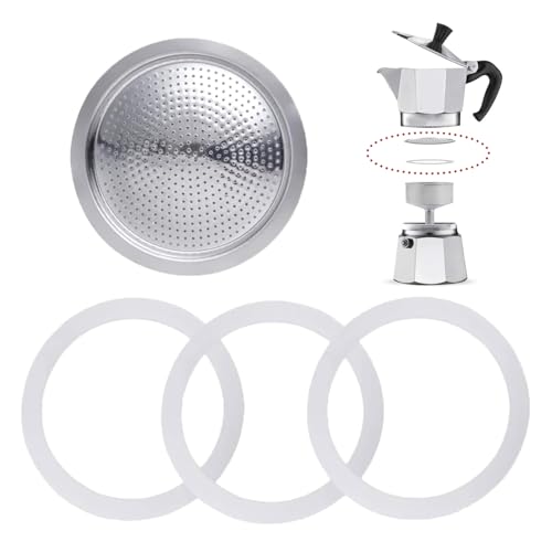 4 Stück Espressokocher Dichtungsring 3 Tassen, Ersatzdichtung Silikon, Mit Aluminium-Siebeinsatz, Dichtungsringe für Kaffeekannen (3 x Dichtungsring aus Silikon + 1 x Stahlfilter) (3 Tassen)