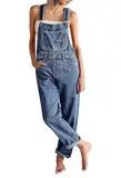 Sovoyontee Damen Denim Bib Overalls Verstellbare Träger Breite Beine Hohe Taille Jean Hosen Latzhosen Mit Taschen Dunkelblau L