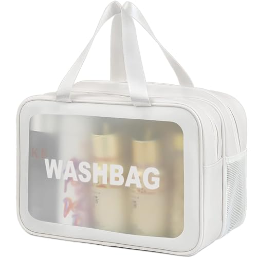 Q-WOOFF Kosmetiktasche，kulturtasche Damen，kulturbeutel Herren， Trocken- und Nasstrennung, tragbare wasserdichte Kulturtasche, Make-up-Tasche mit großer Kapazität, Aufbewahrungstasche (Weiß, L)