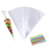 100 Stück Spitztüten Transparent, 13 x 25cm Süßigkeiten Tüten mit Bindebänder Cellophantüten Süßigkeiten Tüten Candy Bar Tüten für Hochzeit Ostern Geburtstag