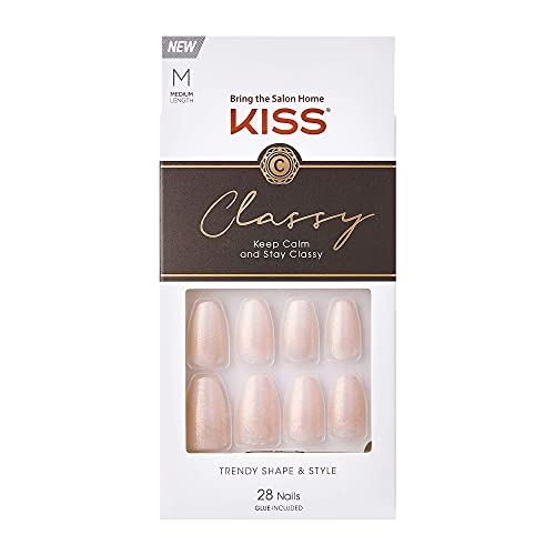 KISS Classy Nails Collection, Cosy Meets Cute, medium lange künstliche Fingernägel in Coffin Form, enthält 28 künstliche Nägel, Nagelkleber, Nagelfeile und Manikürstäbchen