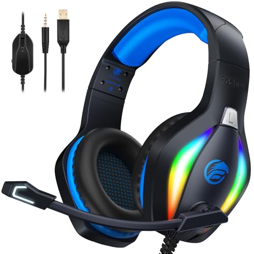 Fachixy 「2024 New」 FC100 Gaming Headset für PS4/PS5/PC/Xbox/Nintendo Switch, PS4 Kopfhörer mit Kabel und RGB Licht, Stereo Surround Kopfhörer mit Mikrofon, Noise Cancelling Headphones - BLAU