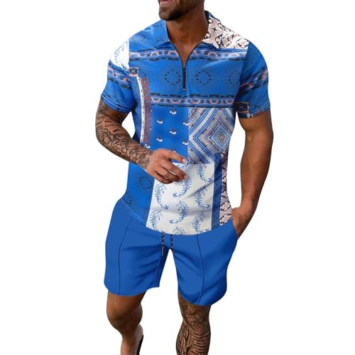 Sport Set Herren 2 Teiliges Sommer Farbblock-Hemd Hawaiihemd Strandshorts Kurzarm T-Shirts + Kurze Hose Set Beach Freizeithemden Strand Surf Shorts FüR Urlaub Freizeit Jogginganzug Herren (A-Blue, L)