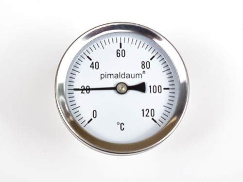 PIMALDAUM® Bimetall-Thermometer 0-120°C, mit Tauchhülse 11mm x 40mm / Anschluss hinten 1/2", Gehäuse verchromtes Stahlblech, für Pufferspeicher, Kessel, Räucherofen (80 mm)