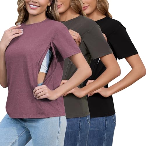 Love2Mi 3er Set Stillshirt mit verstecktem Reißverschluss Stillöffnung kurzen Umstandstop Stillen T-Shirt für Schwangere