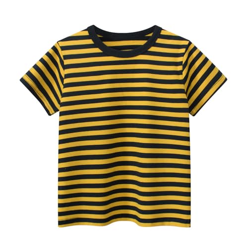 T Shirt Mädchen Baumwolle Sommer Casual T-Shirt Kinder Einfarbig Atmungsaktiv Schnelltrocknend Croptop Rundhals Kurzarm Top Freizeit Basic Kinderkleidung mit Streifen 3 Gelb 130