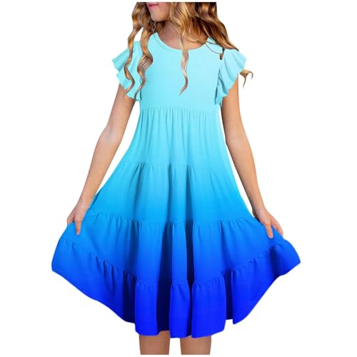 XINYUNZU Kleider für Mädchen Sommer Kleid mit Taschen Rüschenärmel Farbverlauf Sommerkleid Knielang Mädchenkleider Freizeitkleid für Kinder und Teenager Blau 6 Jahre