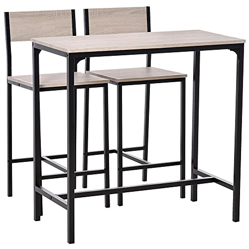 HOMCOM Bartisch Set 3-teilig, Esstisch mit 2 Barhocker, Küchentresen mit Barstühlen, Essgruppe, Sitzgruppe für Küche, Esszimmer und Bistro, Metallgestell, MDF, Natur+ Schwarz, 89 x 45 x 87 cm