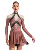 Freebily Damen Eiskunstlaufkleid Langarn Glitzer Strass Tanzkleid Mit Farbblock-Patchwork Professionelles Rollkunstlauf Gymnastik Tanzkostüm Altrosa L