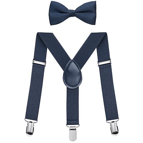 NANXJIUR Jungen Hosenträger Fliege Sets, Elastisch Y Gestalten mit Stark Clips Kinder Fliege Sets Baby Verstellbare Hosenträger für Kinder von 1-8 Jahre (Marineblau)