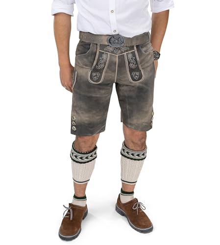 Schöneberger Trachten Couture Herren Lederhose kurz mit Trachtengürtel, Trachtenlederhose braun für Oktoberfest, Trachtenhose Starnberg (50)