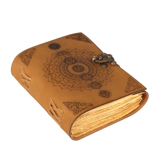 Chakra-Leder-Tagebuch, Buch der Schatten, Zauberbuch, Vintage, blanko, zum Schreiben, Vintage-Tagebuch, gelbes weiches Leder-Notizbuch, Brennmuster, Tagebuch, Poesie, großes Skizzenbuch,