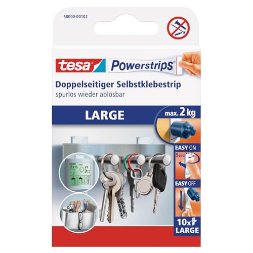 tesa Powerstrips Large - Doppelseitige Klebestreifen zur Montage von Gegenständen auf glatten Oberflächen - Bis zu 2 kg Halteleistung - 10er Pack Powerstrips