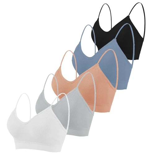 Seitop 5 Stücke Klassische BHS mit V Ausschnitt gepolsterte Cami Nahtlose Träger Bralette Alltag Basic Schlaf Sport Nahtloser BH für Damen Mädchen
