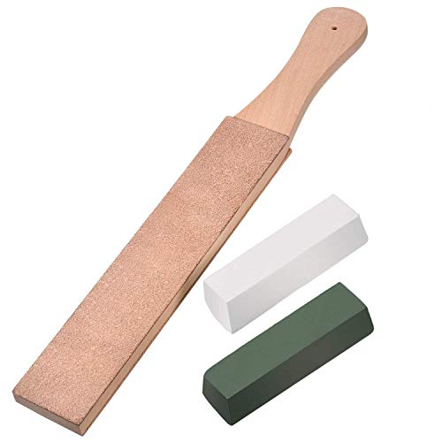 DILISEN 3 Stück Leder Abziehsteine Set, Leder Paddel Streichriemen Doppelseitiger Streichblock mit Weißen Grünen Polierpaste Polier Buffing Compound (Große Grö&sz