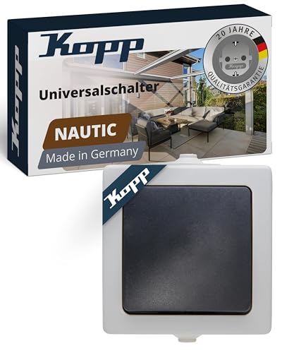 Kopp NAUTIC Universalschalter in Grau - 1-fach Lichtschalter-Aufputz mit 10AX Schaltvermögen - Sicherer IP44 Feuchtraum-Schalter-Aufputz - Hochwertiger Aus-Wechselschalter 250V~