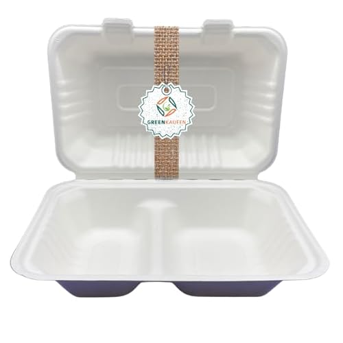 Greenkaufen Bio (50 Stück) Bagasse stabil Einweg Warmhalte- Menüboxen 2 geteilt, Klappbox, Snackboxen IP10, 23x15x8cm 900 ml weiß umweltfreundiche menubox Verpackungsboxen