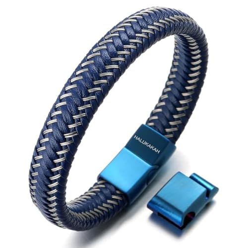 Halukakah ● Jazz ● Herren-Armband Handgefertigt | Echtleder Blau | Magnetverschluss Edelstahl Blau | KOSTENLOS Geschenkbox | Tolle Geschenkidee | Größe Einstellbar 21.5cm-23cm Groß
