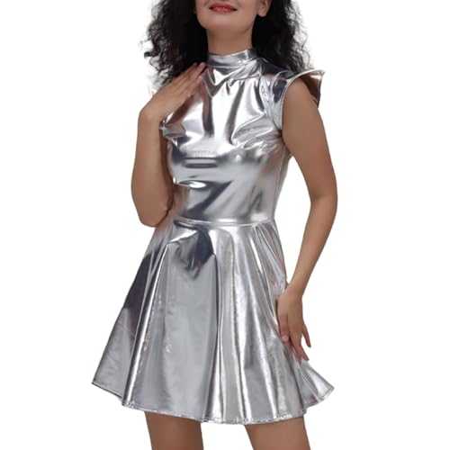 Metallic Glitzerkleid Damen Ärmellos Wetlook - Alien Kostüm Holographisches Metallisch Glänzend Glitzerrock Minikleid Partykleid Fasching Karneval Glitzer Silvester Kleid Cosplay Clubwear