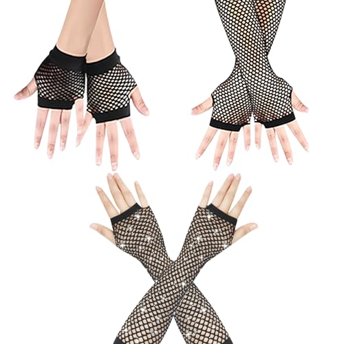 DALAETUS 3 Paar fingerlose Netzhandschuhe, elastische, atmungsaktive schwarze Netzhandschuhe für Kostümpartys, Weihnachtsfeiern und Bühnenauftritte