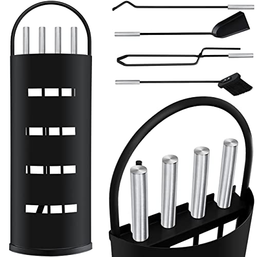 KESSER® Kaminzubehör 5-teiliges Kaminbesteck Set - Modern Design, beschichtet, Hochwertige Kamingarnitur aus 5 Teilen: Besen, Schaufel, Schürhaken, Zange, Ständer mit Sichtschutz Edelstahl Schwarz