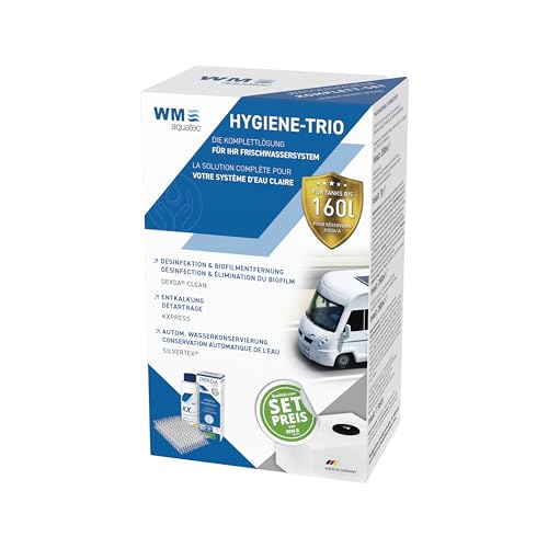 Hygiene-Trio HGT-120 | Wasserhygiene Komplett-Set für Tanks bis 160L | Reinigung, Entkalkung, Desinfektion & autom. Wasserkonservierung | für Caravan, Wohnmobil & Boot | Made in Germany